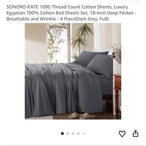 SONORO KATE 100% Egyptian Cotton 1000 Thread Sheets Set 4 Pcs Grey King Set